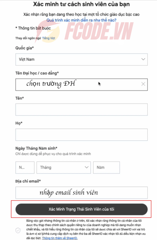 xác minh sinh viên